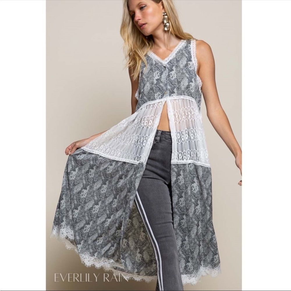 P O L Animal Print and Lace Duster/Vest